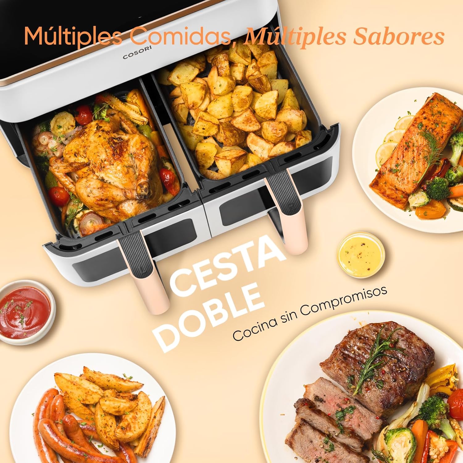 Cosori Freidora de Aire Grande con Doble Cesta 8,5L Air Fryer Blanca