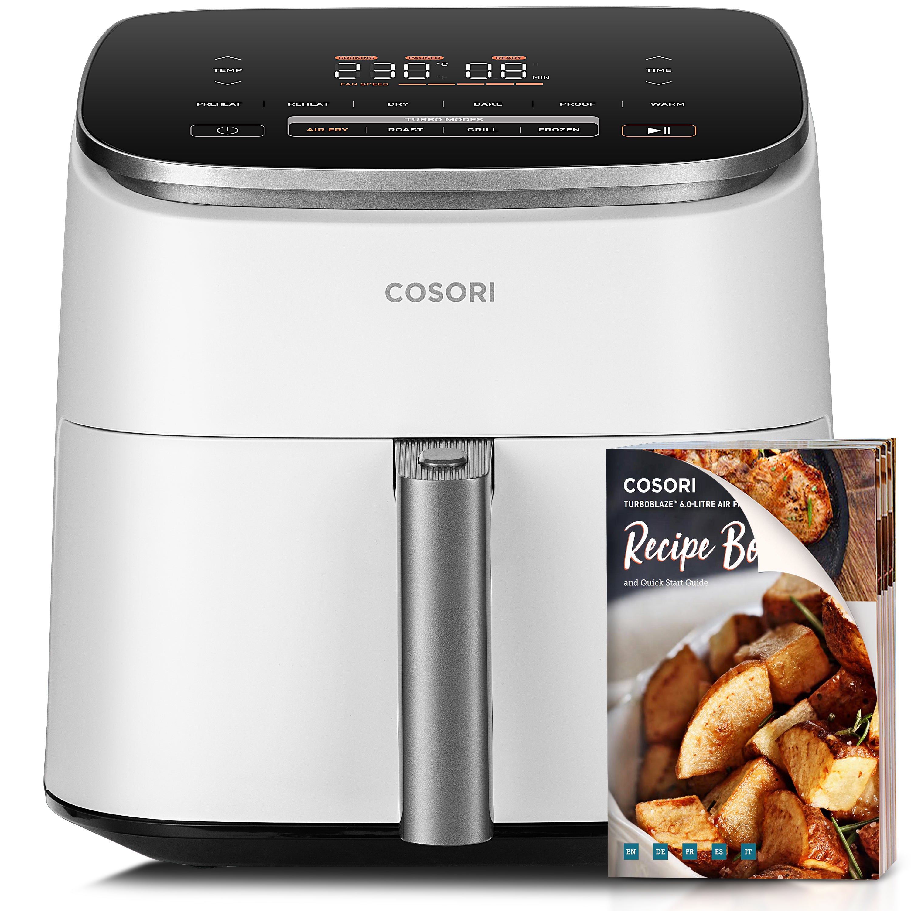 Freidora de aire COSORI Turbo Blaze 6L en color blanco junto a su libro de recetas impreso para inspiraciones culinarias