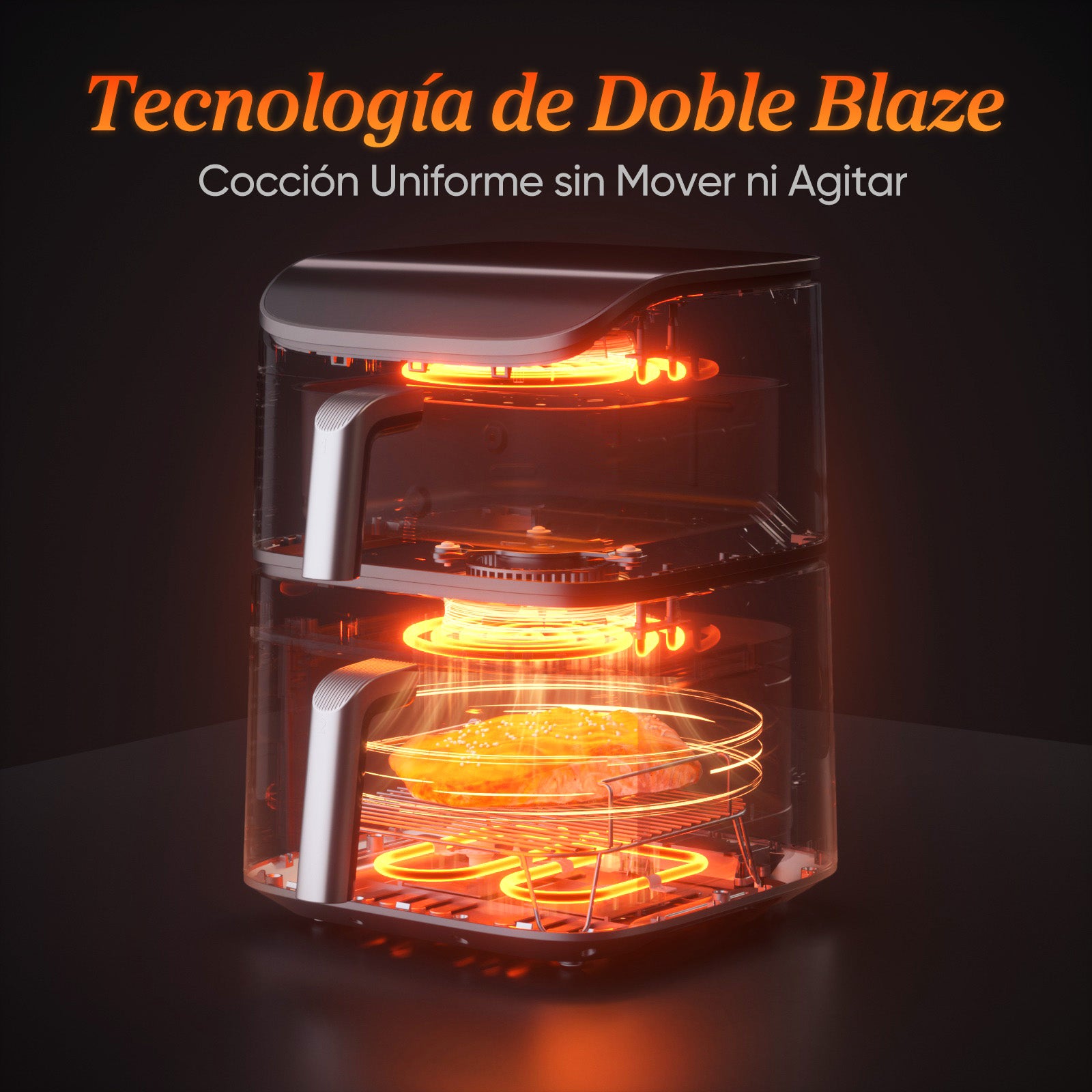 Interior de la freidora COSORI mostrando la tecnología de calentamiento uniforme Dual Blaze sin necesidad de agitar
