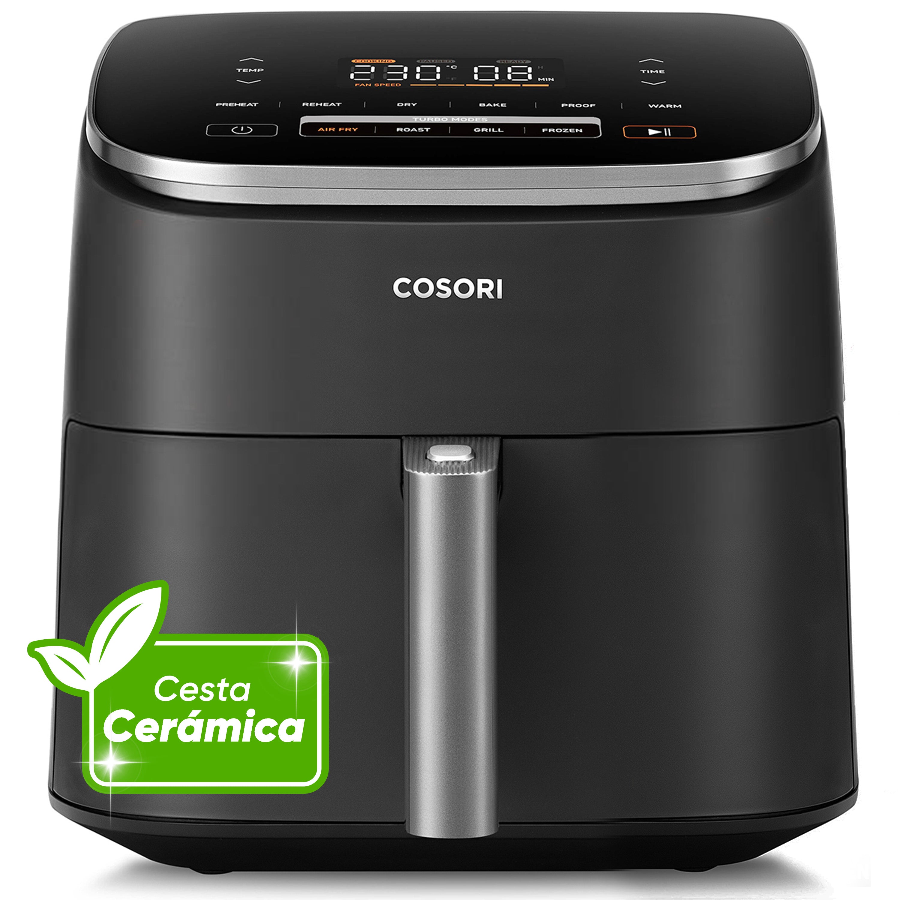 Freidora de aire COSORI Turbo Blaze 6L en color negro con el sello verde destacado de cesta cerámica sin teflón
