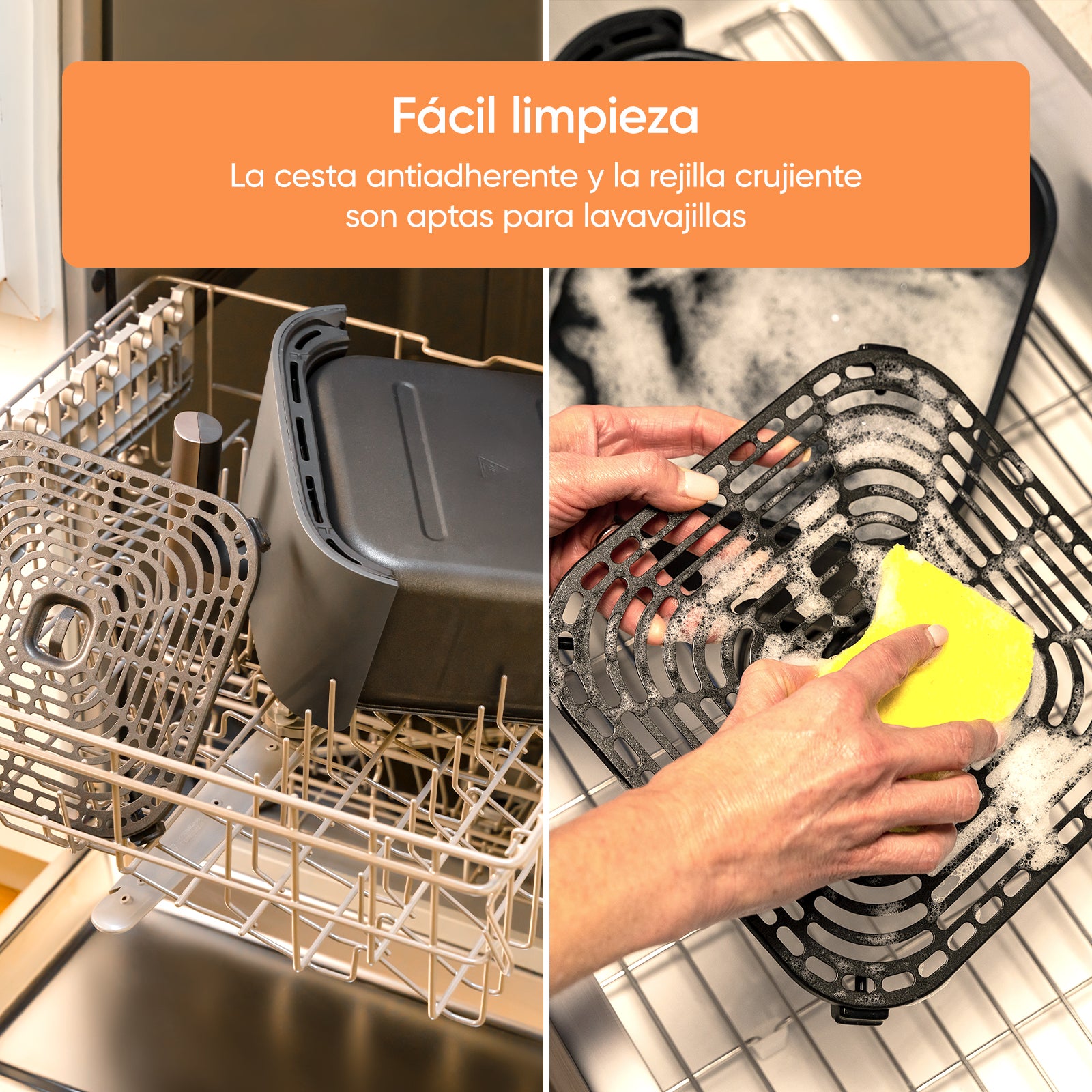 Infografía de fácil limpieza de COSORI Turbo Blaze mostrando la cesta antiadherente en el lavavajillas y la rejilla crujiente