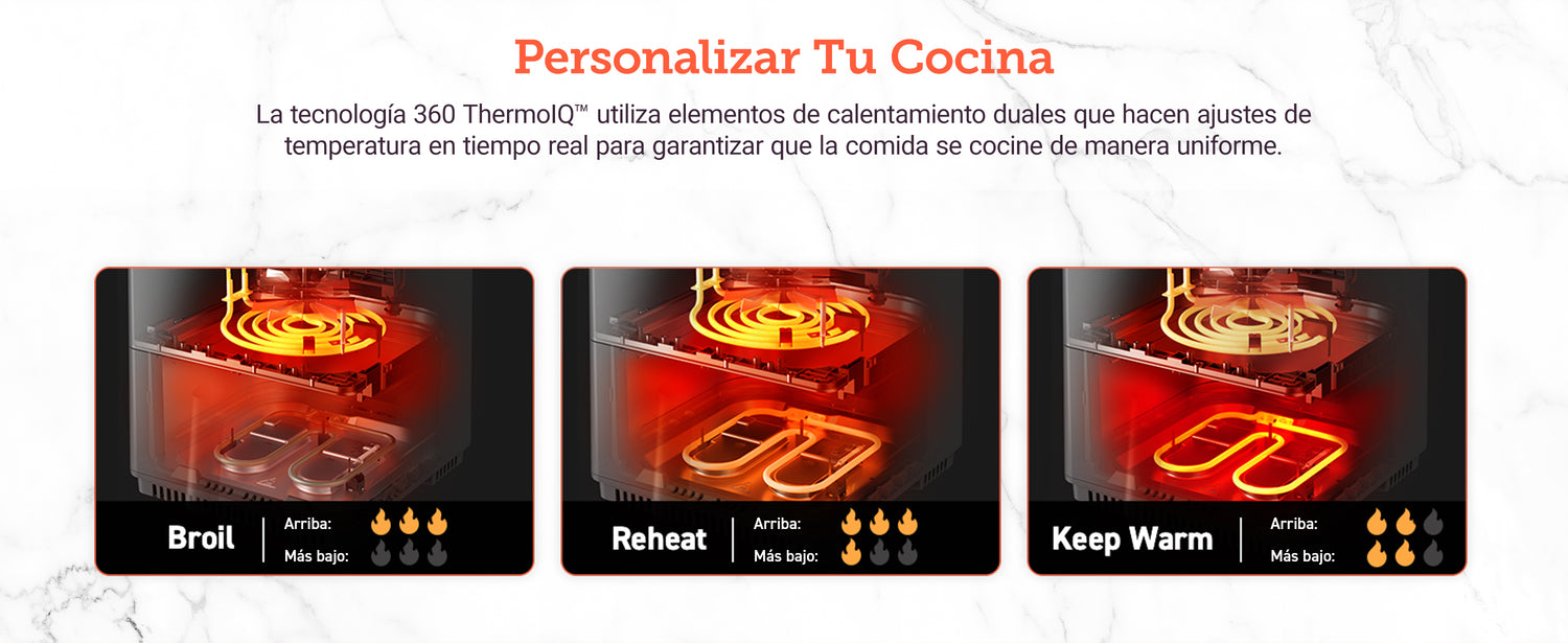 "Personalizar Tu Cocina " "La tecnología 360 ThermoIQ™ utiliza elementos de calentamiento duales que hacen ajustes de temperatura en tiempo real para garantizar que la comida se cocine de manera uniforme. Arriba: Más bajo:"