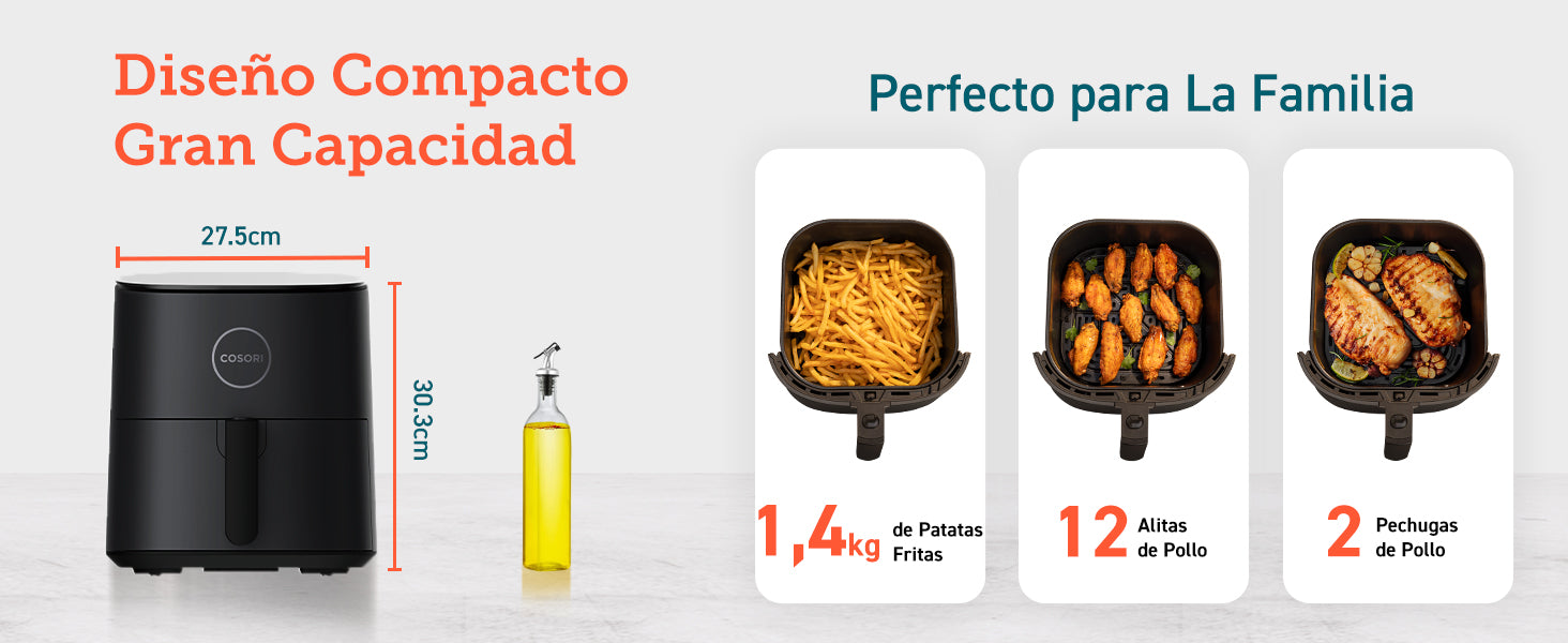 Diseño Compacto Gran Capacidad Perfecto para La Familia 1,4 kg de Patatas Fritas 12 Alitas de Pollo 2 Pechugas de Pollo