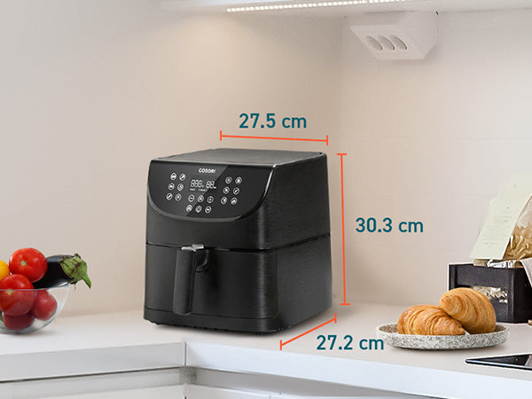 Cocción rápida:1500W hace que la freidora se caliente en poco tiempo; la Tecnología de Circulación de 360 ° Aire Caliente y la cesta hueca facilitan que el aire circule, lo que reduce el tiempo de espera y el consumo de energía