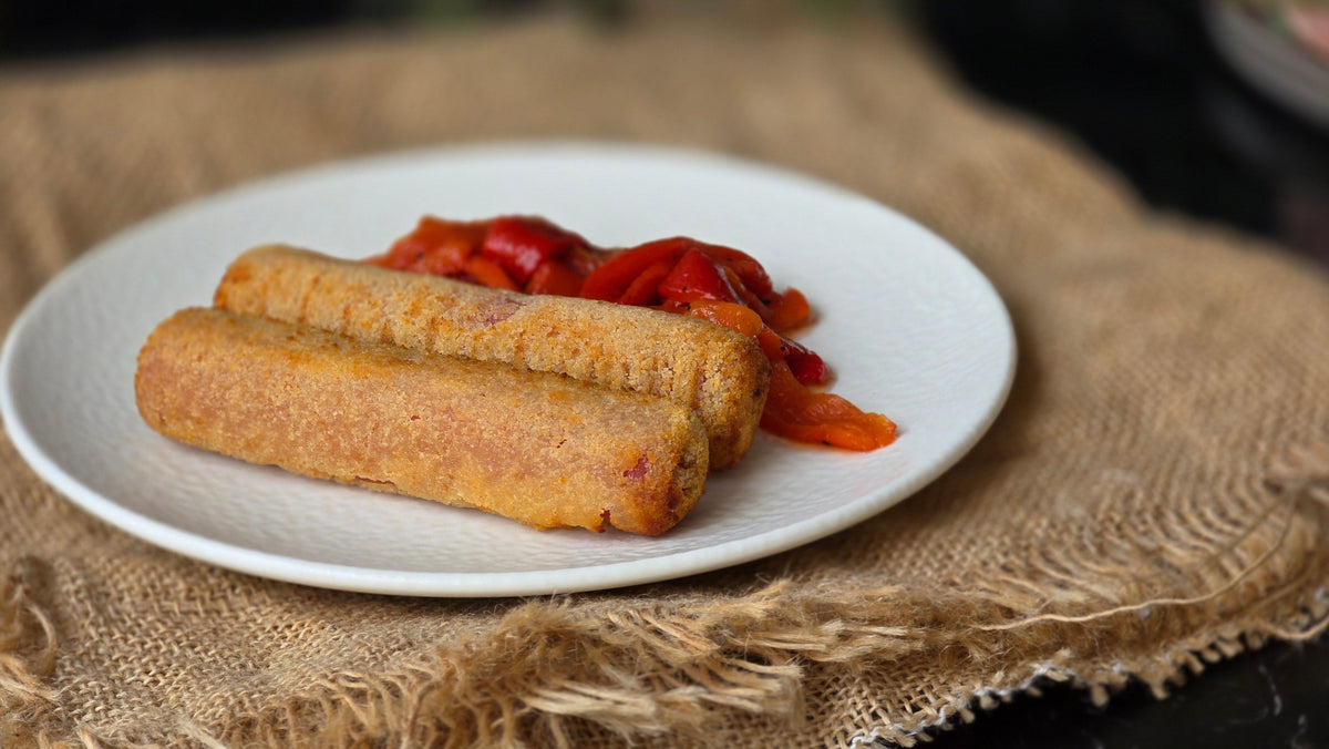 Flamenquines de pavo y queso con pimientos asados en freidora de aire