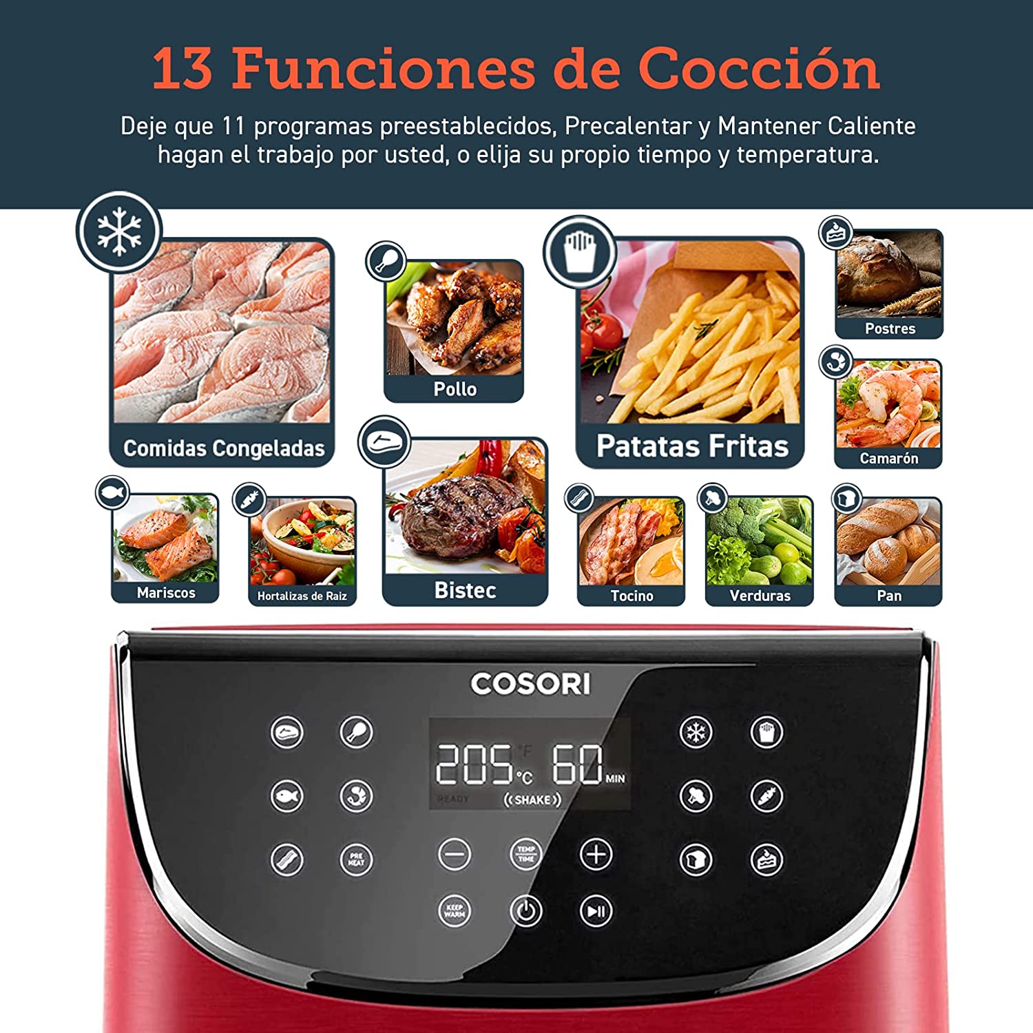 COSORI Freidora sin Aceite 5.5 L, freidora aire caliente con 100 recetas en  español, 11 programas, pantalla LED táctil, cesta antiadherente,  temporizador