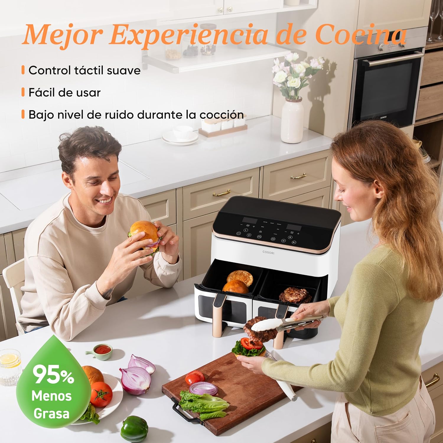 Cosori Freidora de Aire Grande con Doble Cesta 8,5L Air Fryer Blanca