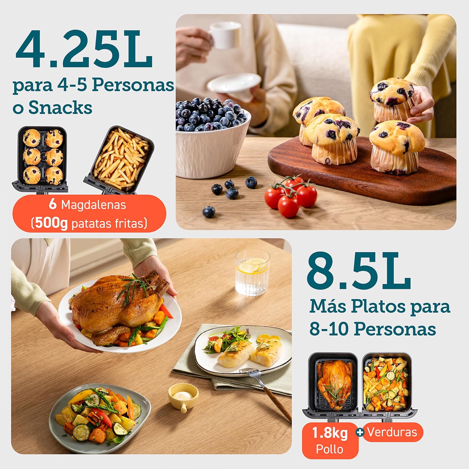 Cosori Freidora de Aire Grande con Doble Cesta 8,5L Air Fryer