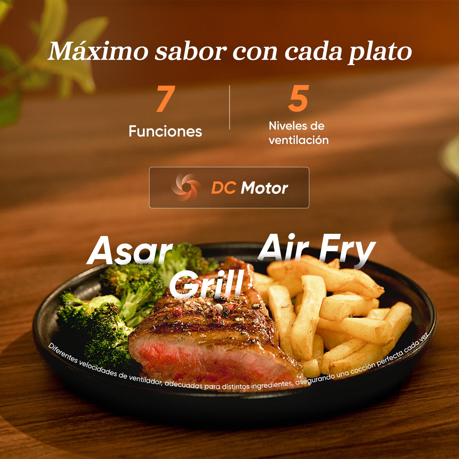 Carne y patatas fritas cocinadas rápidamente con el motor DC de la freidora COSORI Turbo Tower