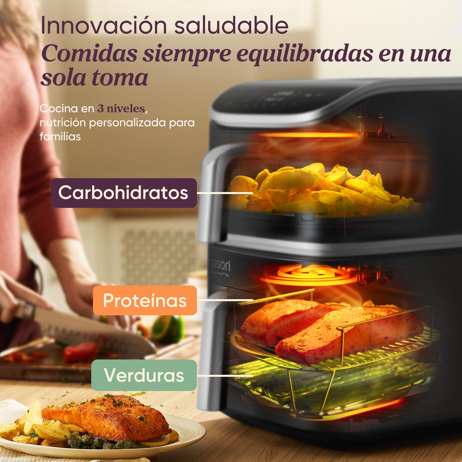 Cocción equilibrada en tres niveles preparando carbohidratos, proteínas y verduras al mismo tiempo