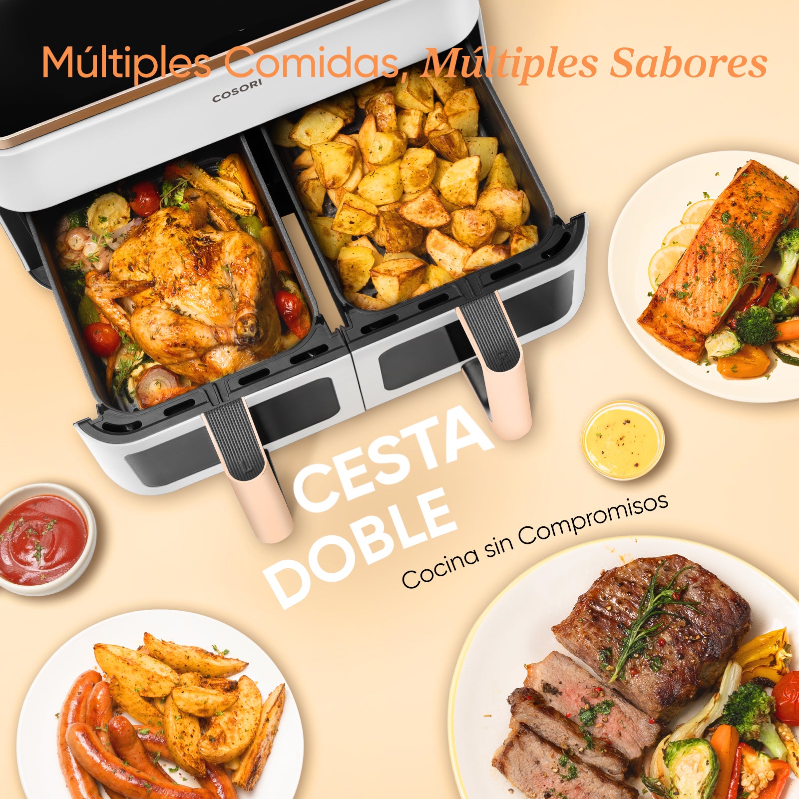 Cosori Freidora de Aire Grande con Doble Cesta 8,5L Air Fryer Blanca