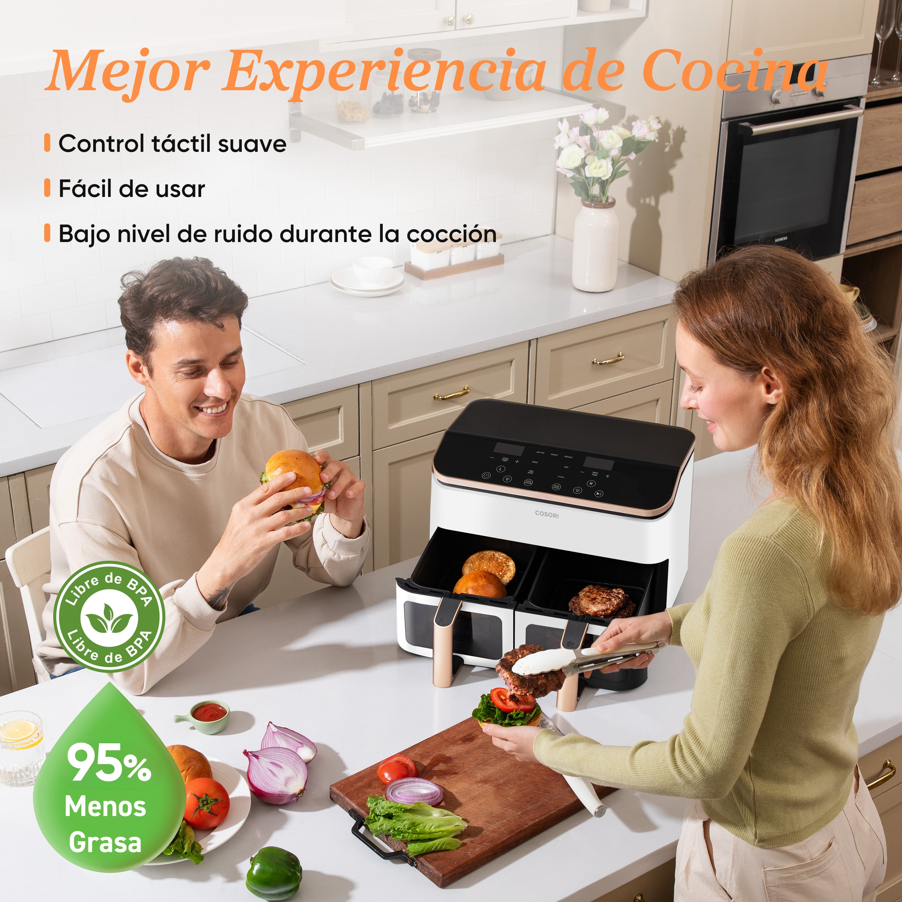 Cosori Freidora de Aire Grande con Doble Cesta 8,5L Air Fryer Blanca