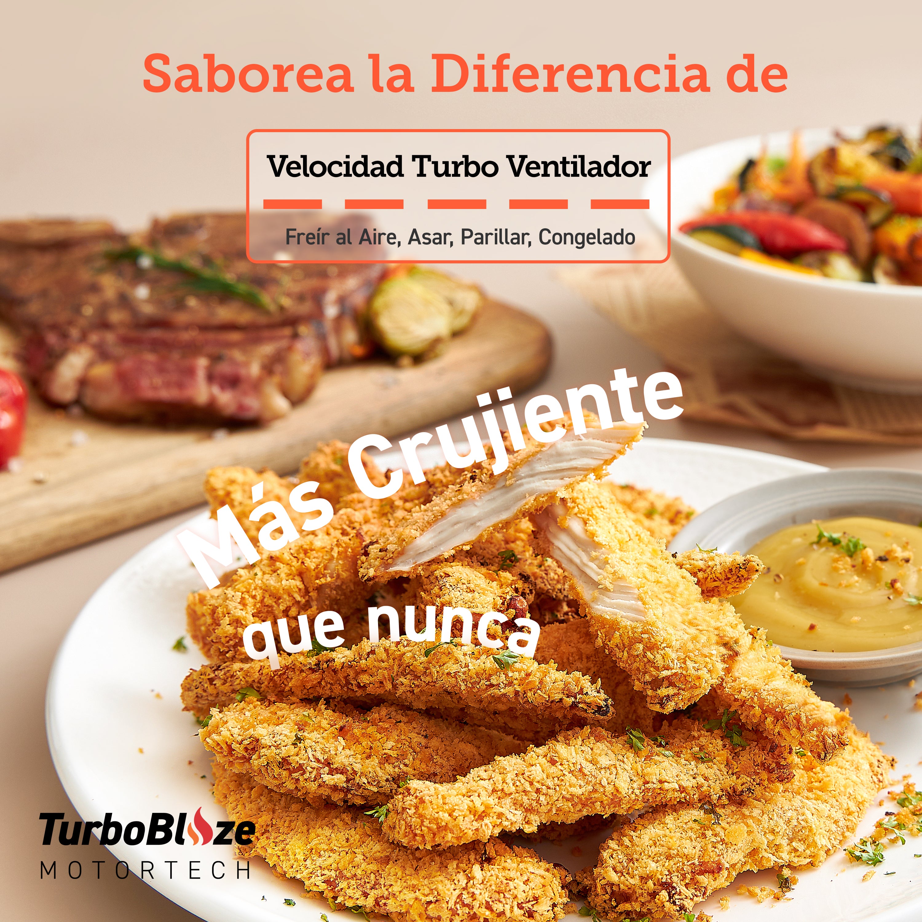 Primer plano de alimentos más crujientes cocinados con la velocidad ajustable del turbo ventilador de COSORI Turbo Blaze