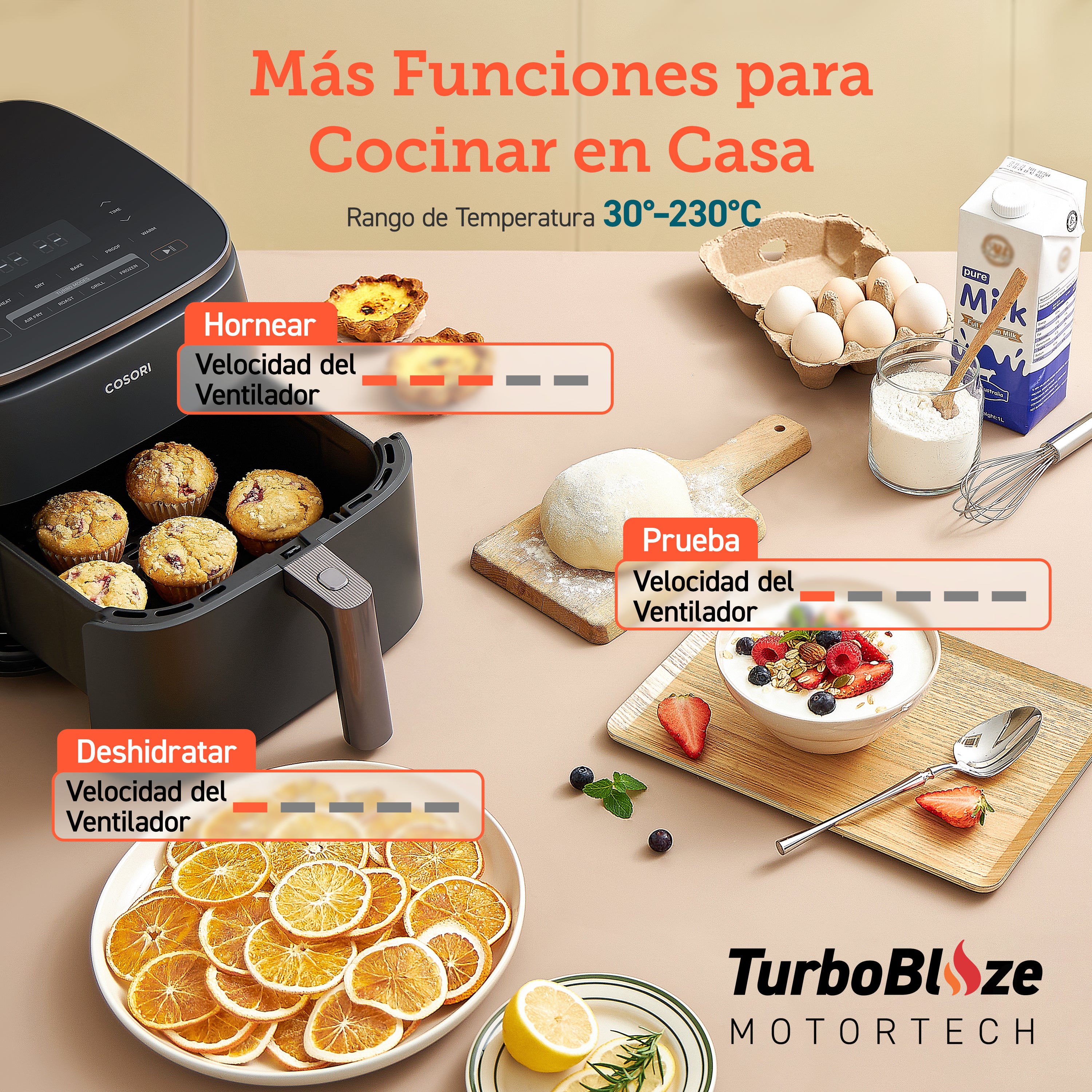 Opciones de cocción en casa con COSORI Turbo Blaze con un rango de temperatura de 30-230°C para hornear y deshidratar