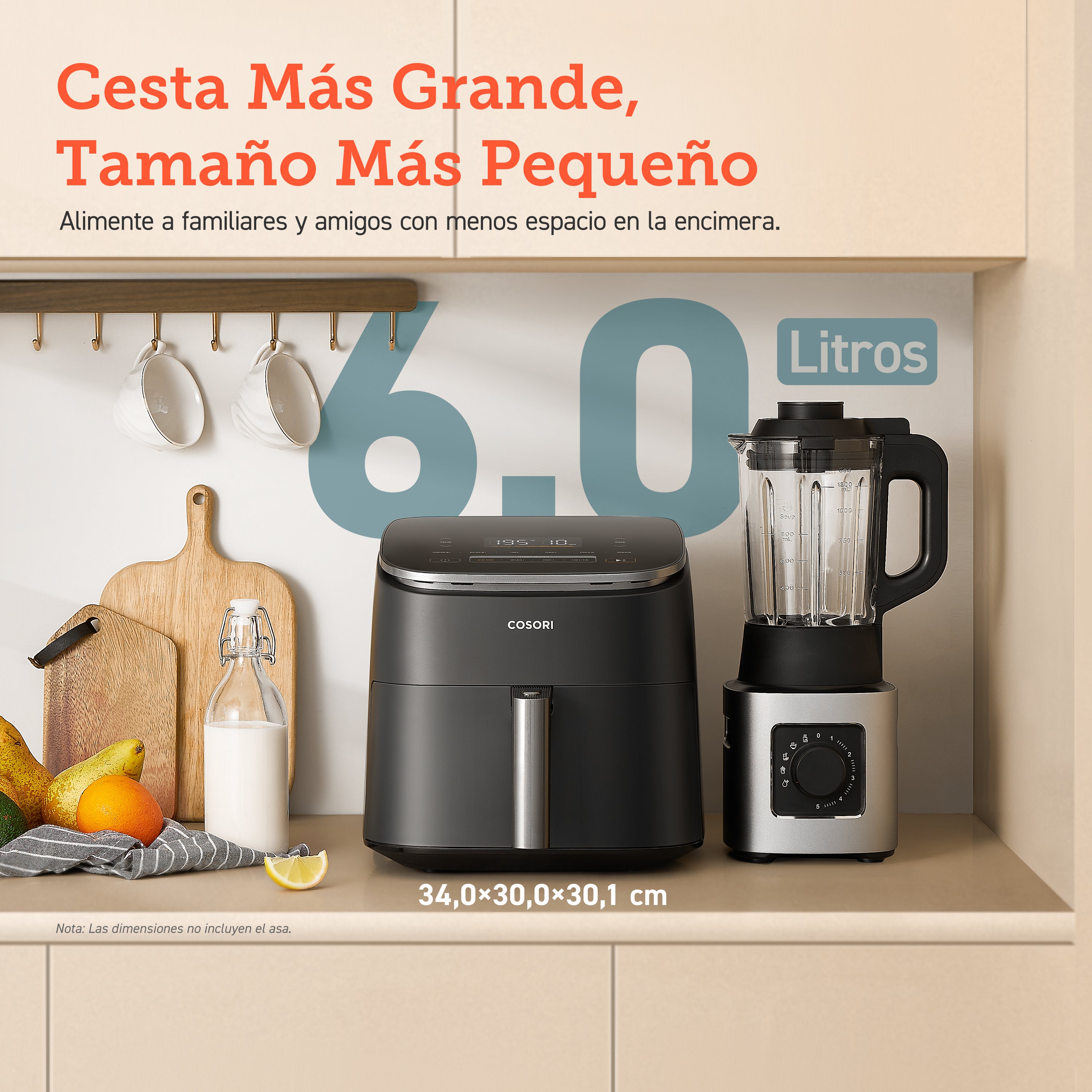 Dimensiones de COSORI Turbo Blaze de 6.0 Litros en la encimera destacando su diseño de cesta más grande y tamaño más pequeño