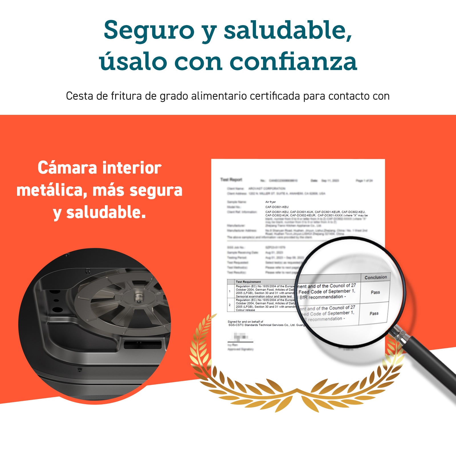 Certificado de grado alimentario y vista de la cámara interior metálica más segura y saludable de COSORI Turbo Blaze