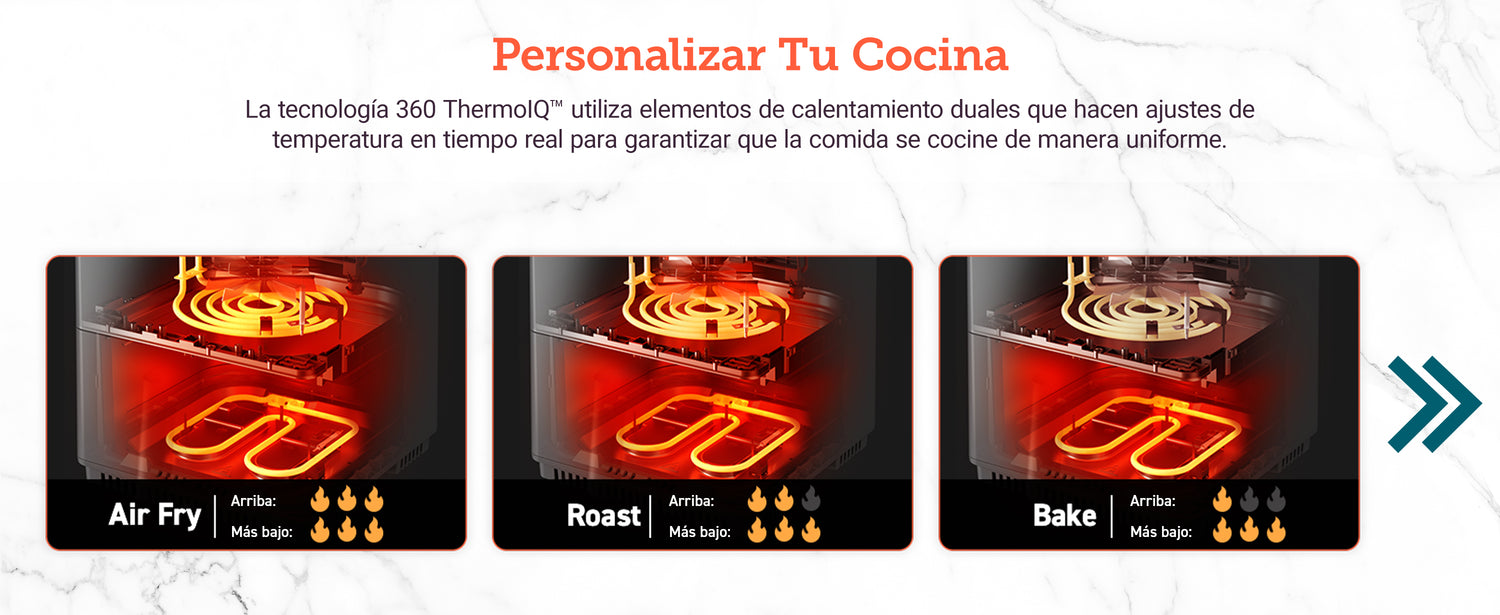 Personalizar Tu Cocina	 	"La tecnología 360 ThermoIQ™ utiliza elementos de calentamiento duales que hacen ajustes de temperatura en tiempo real para garantizar que la comida se cocine de manera uniforme.  Arriba: Más bajo:"	 	 	 	 	 	