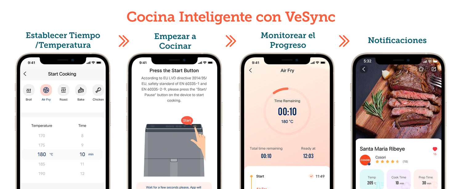 Cocina Inteligente con VeSync	 	"Establecer Tiempo/Temperatura Empezar a Cocinar Monitorear el Progreso Notificaciones"	 	 	 	 	 	